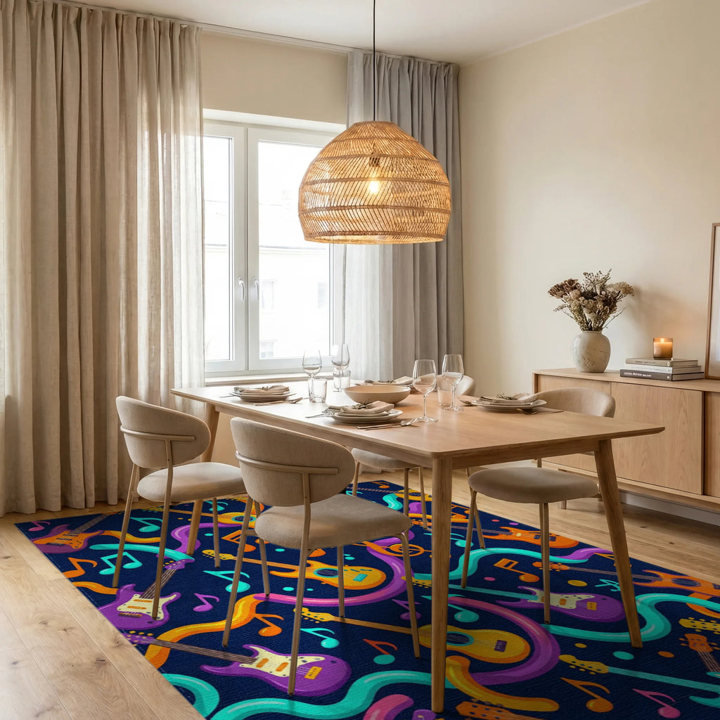 Vibrant Guitars Music Notes Waves Rug Dining Room View