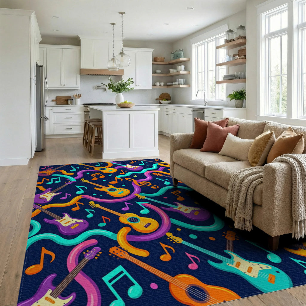 Vibrant Guitars Music Notes Waves Rug Living Room View