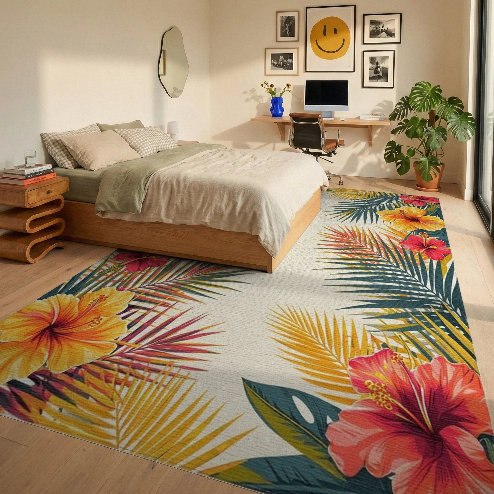 Vibrant Hibiscus Palm Tropical Rug - Bedroom View