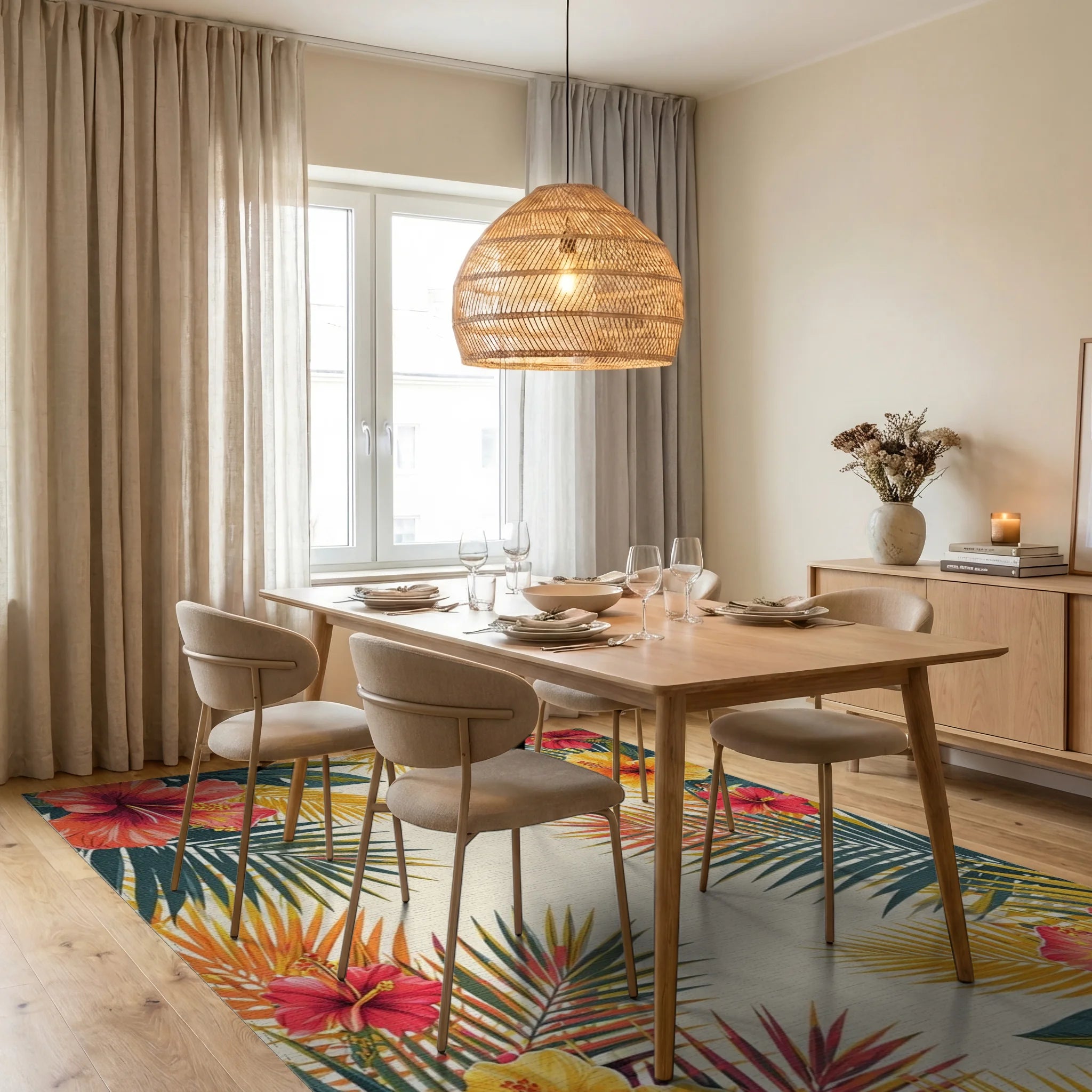 Vibrant Hibiscus Palm Tropical Rug - Dining Room View