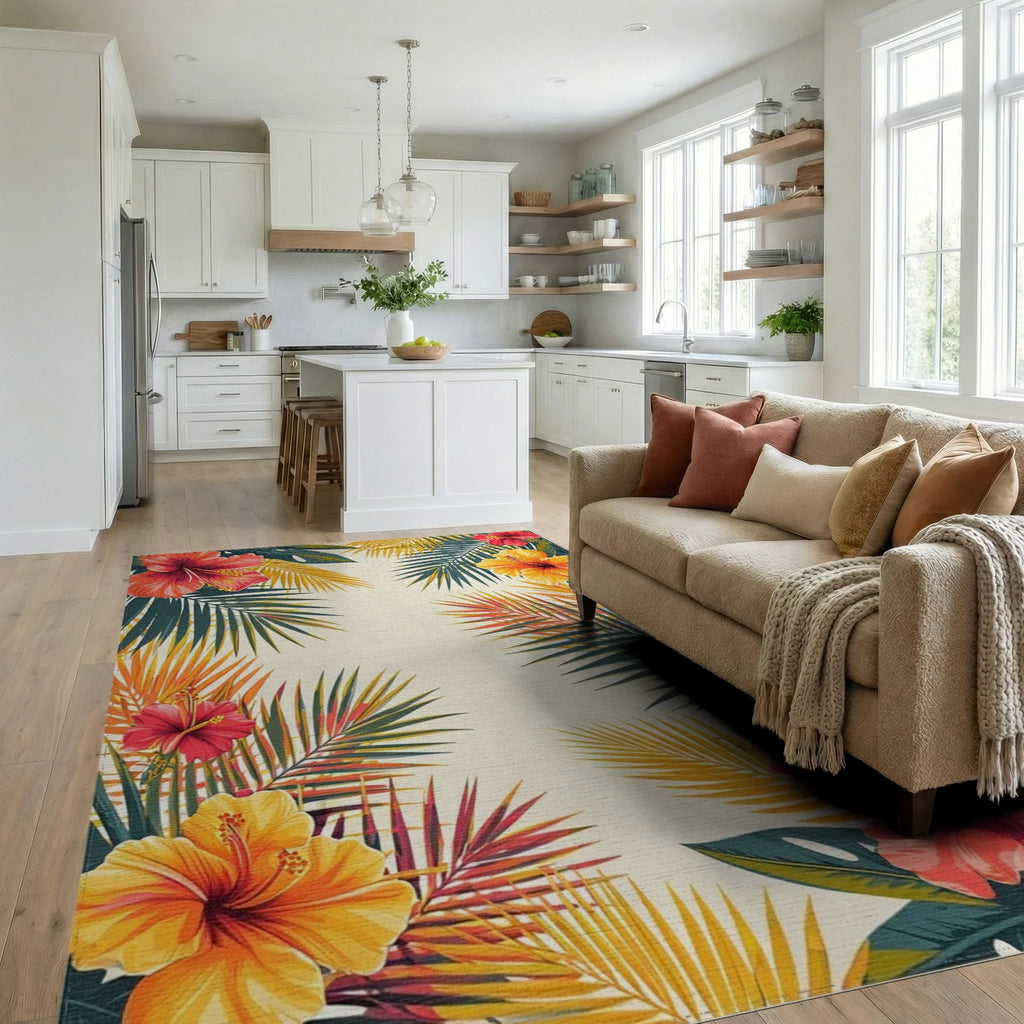 Vibrant Hibiscus Palm Tropical Rug - Living Room View