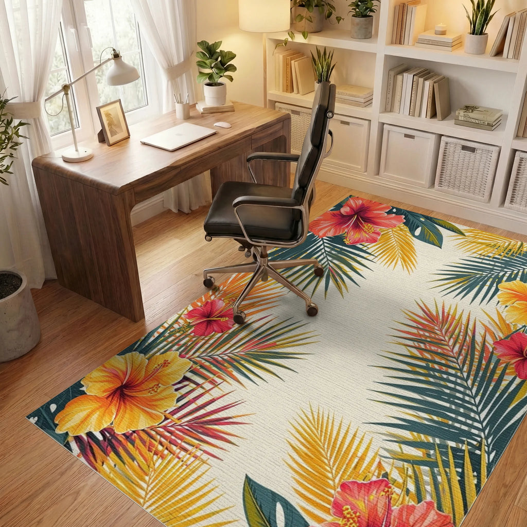Vibrant Hibiscus Palm Tropical Rug - Office View