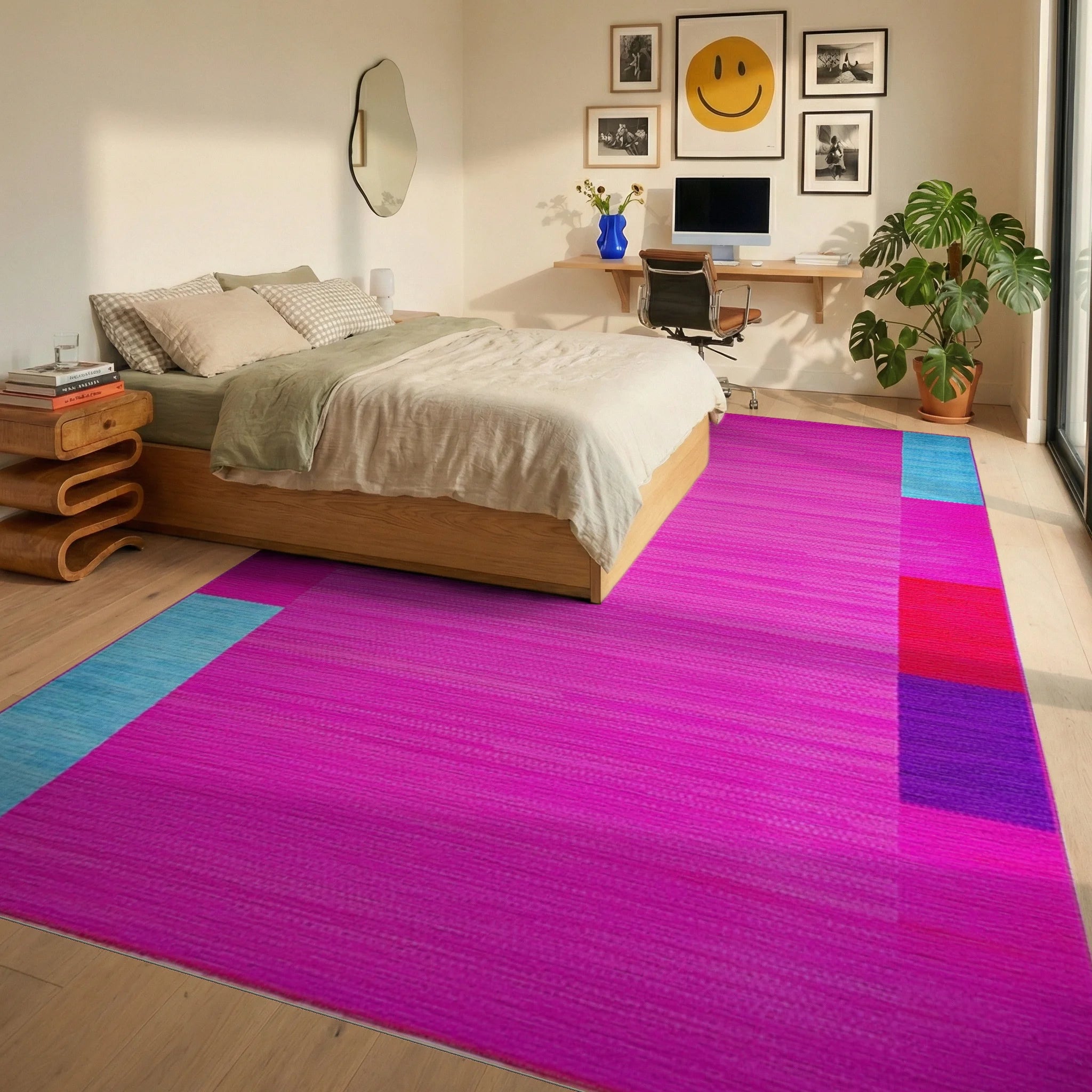 Vibrant Hot Pink Geometric Blocks Rug - Bedroom View