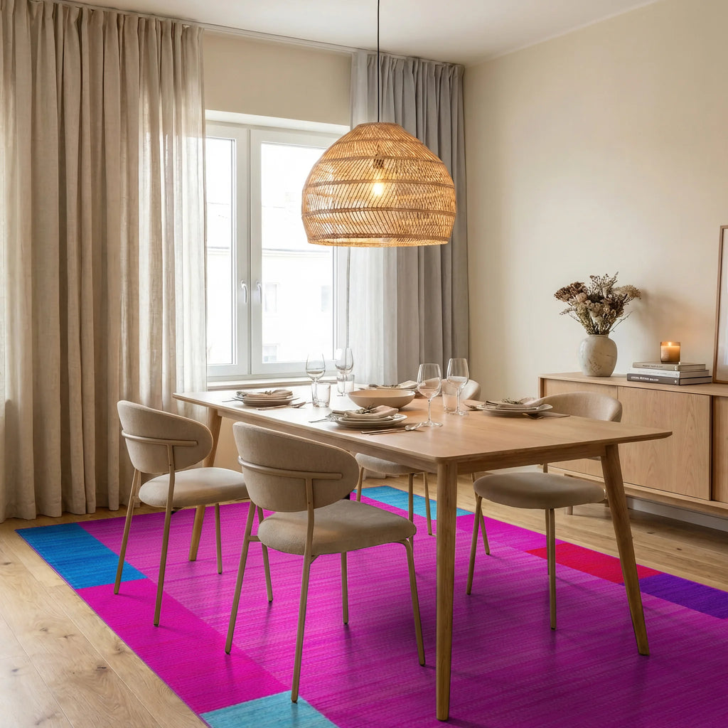 Vibrant Hot Pink Geometric Blocks Rug - Dining Room View