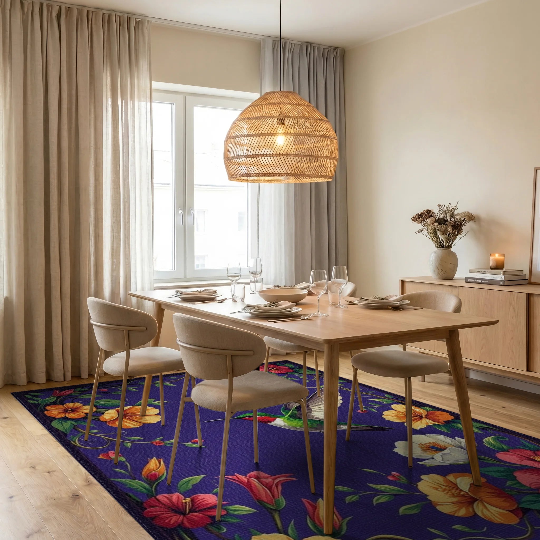 Vibrant Hummingbird Floral Vines Rug - Dining Room View