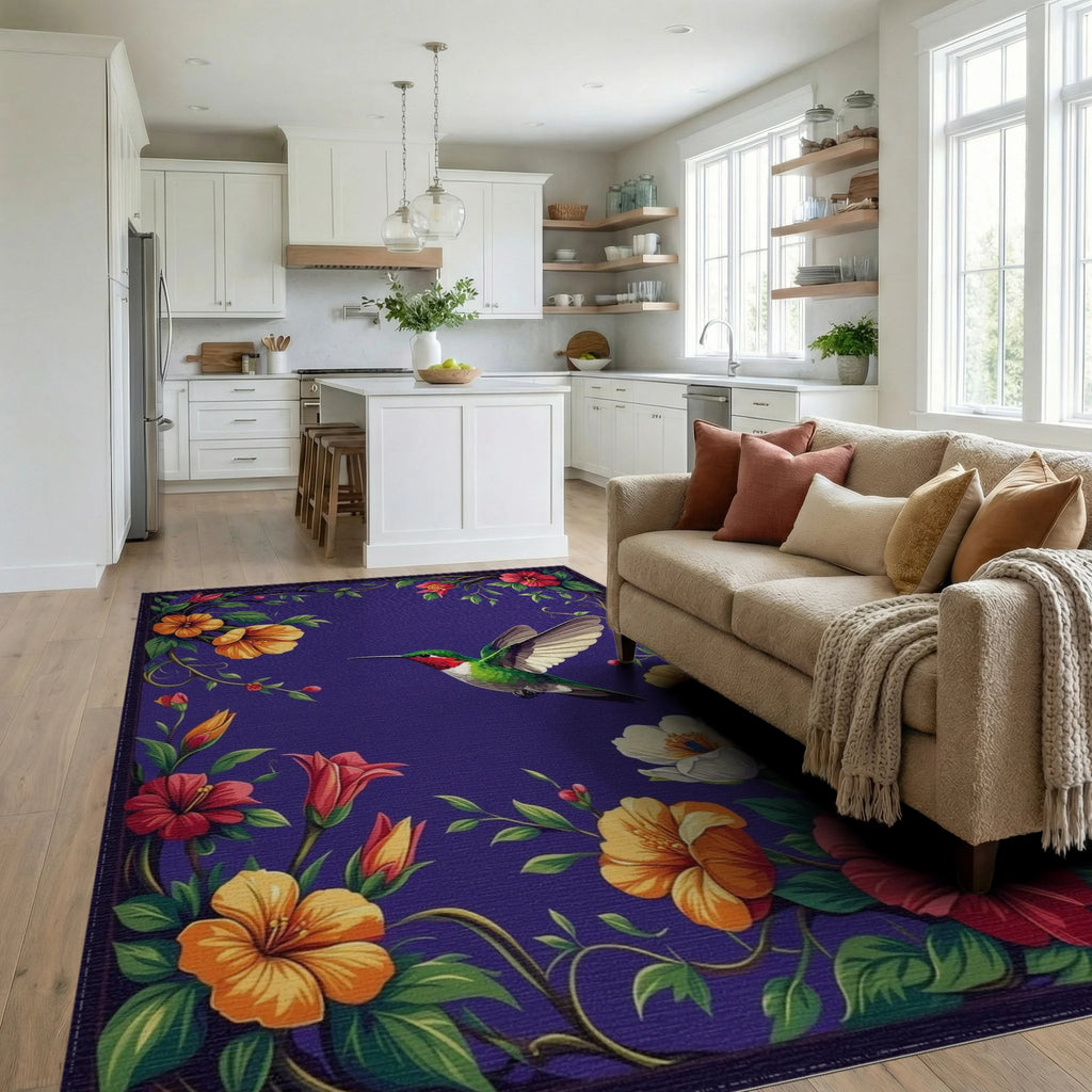 Vibrant Hummingbird Floral Vines Rug - Living Room View