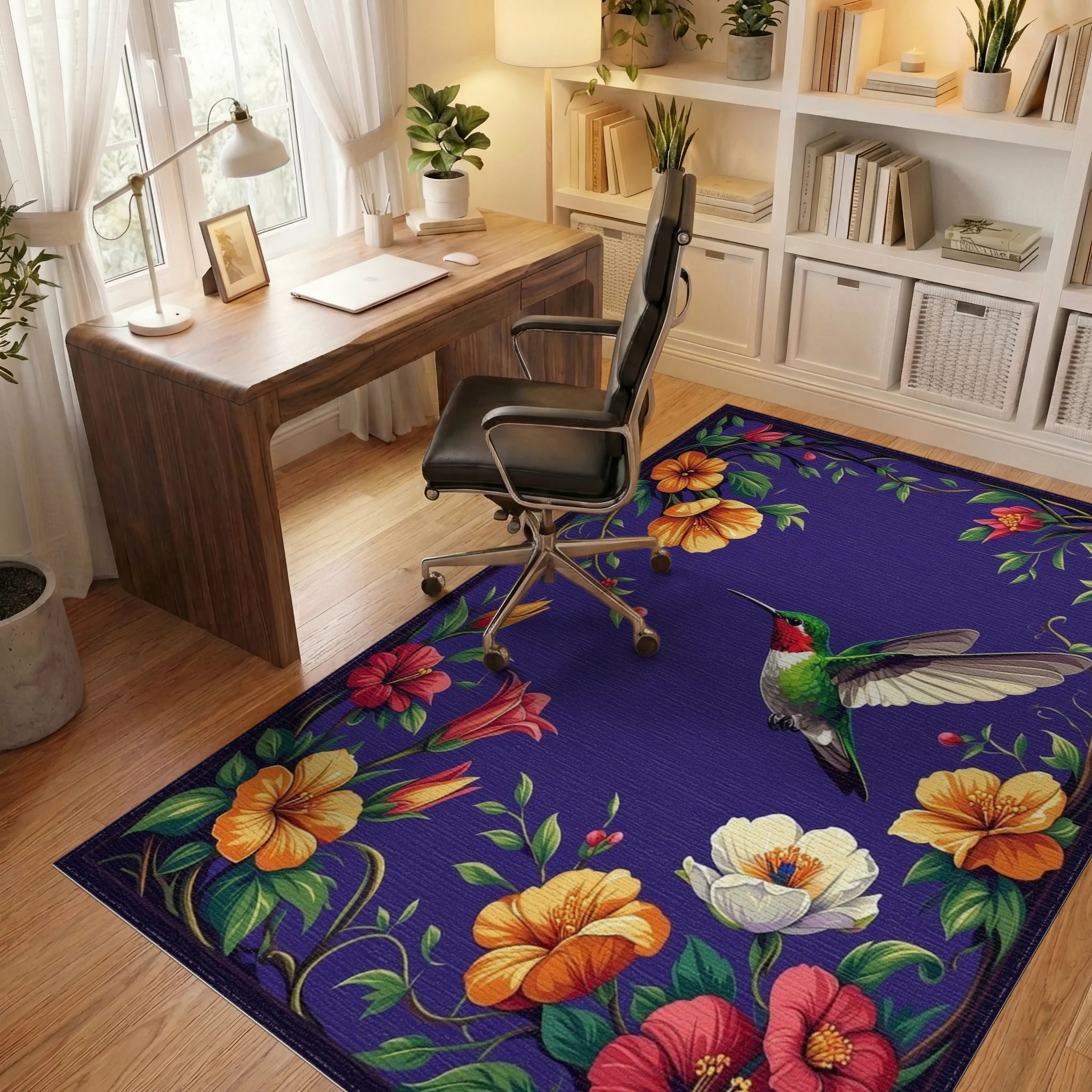 Vibrant Hummingbird Floral Vines Rug - Office View