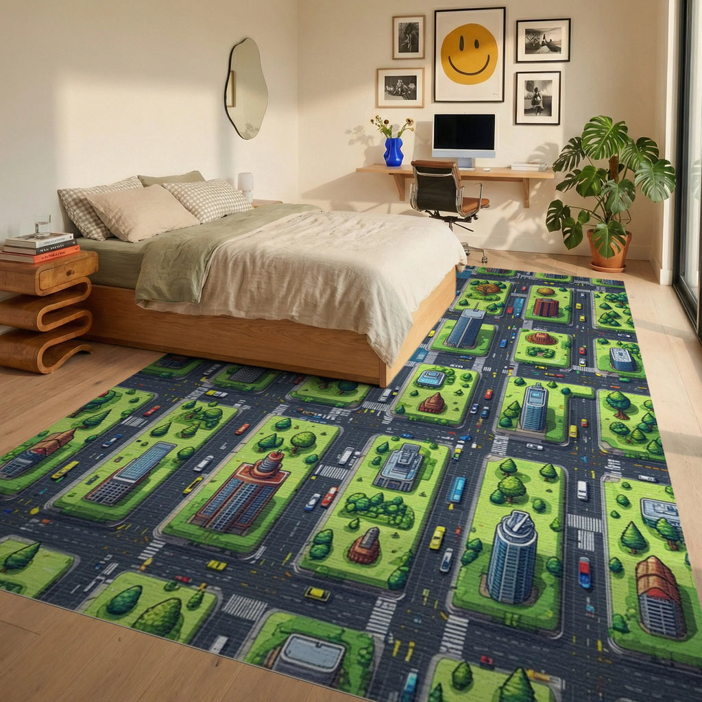 Vibrant Isometric City Grid Rug - Bedroom View
