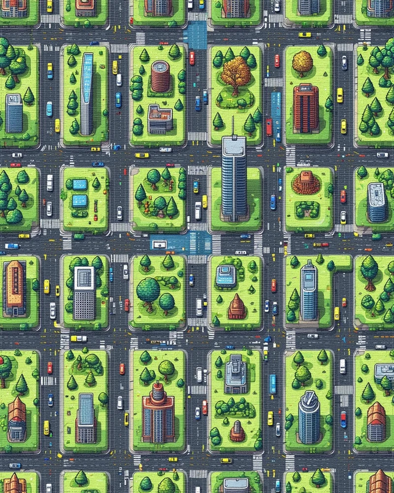 Vibrant Isometric City Grid Rug - Cutout View