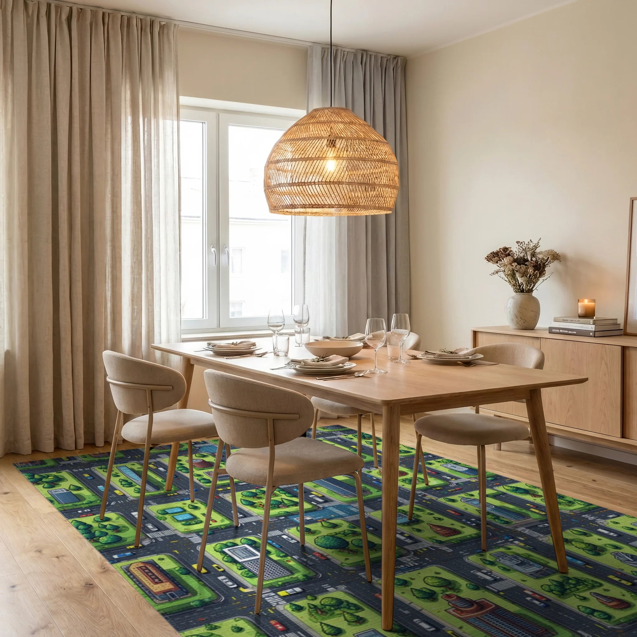 Vibrant Isometric City Grid Rug - Dining Room View