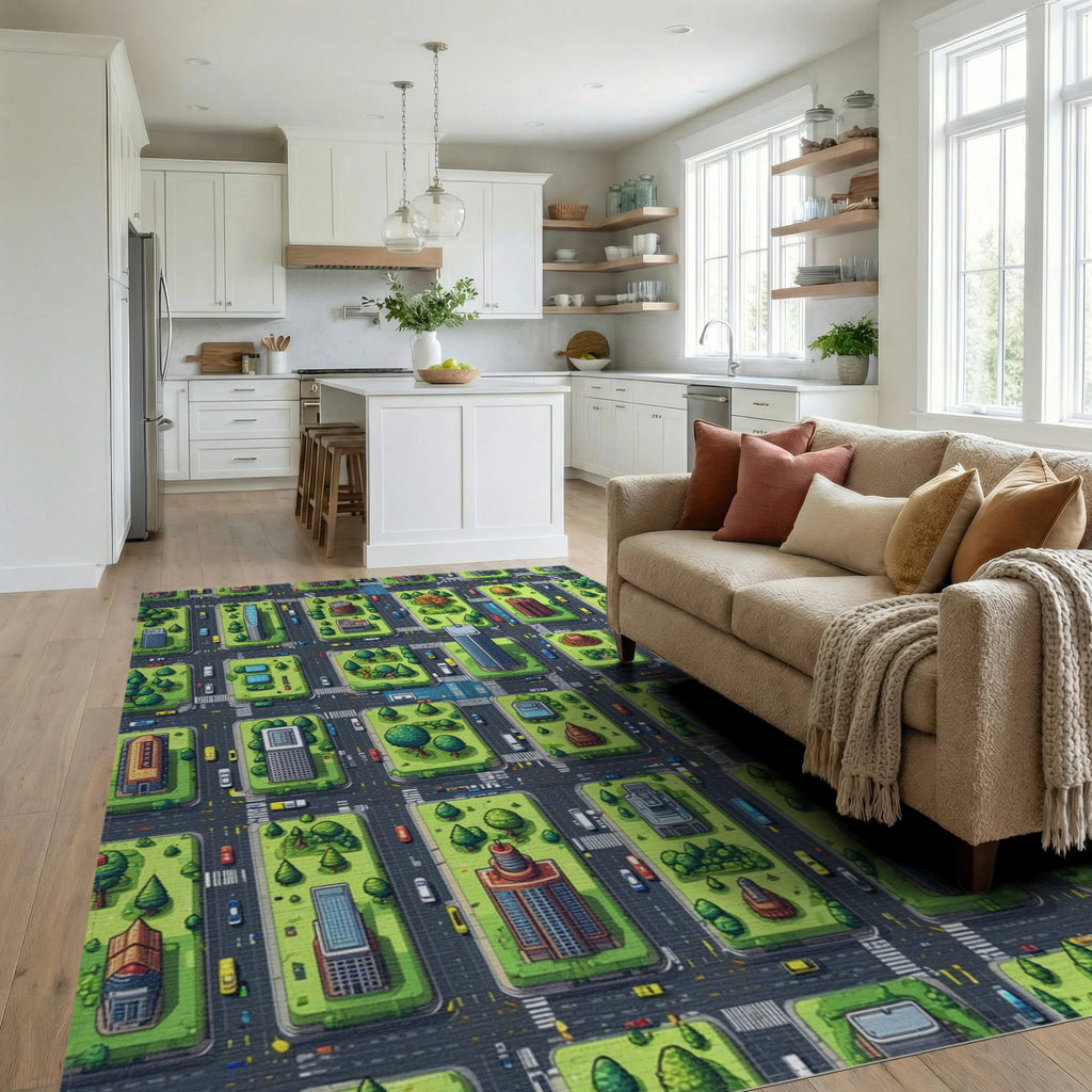 Vibrant Isometric City Grid Rug - Living Room View