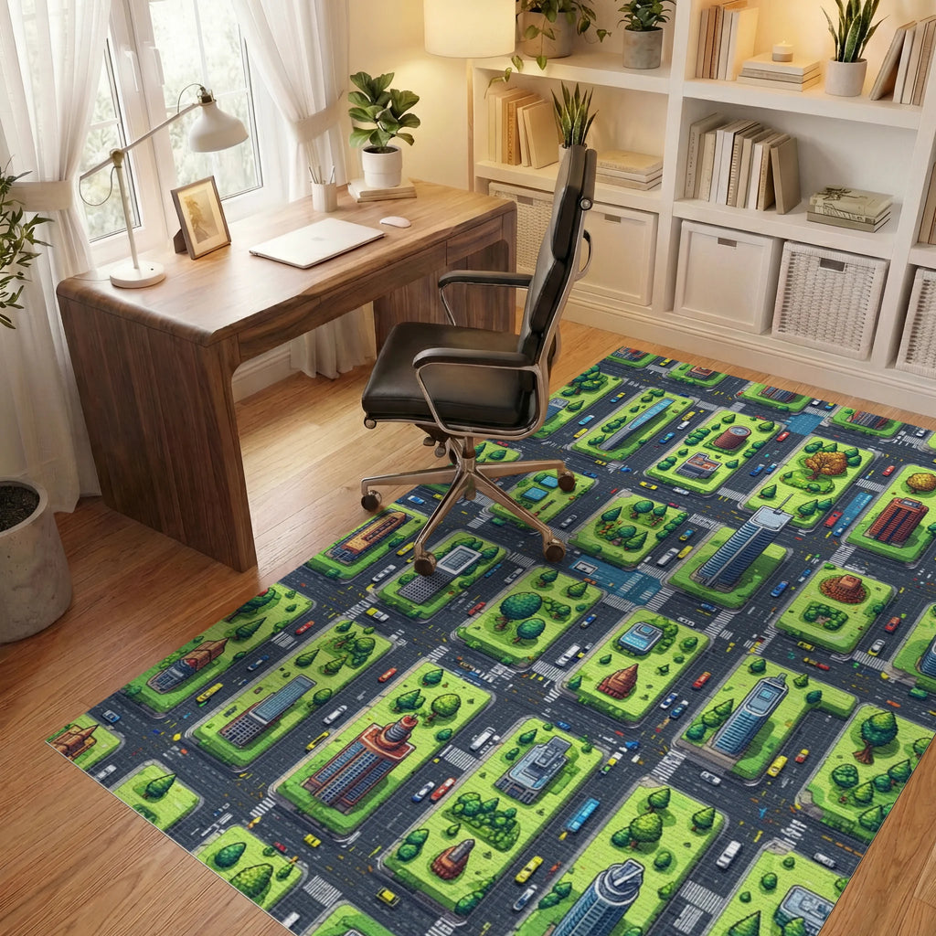 Vibrant Isometric City Grid Rug - Office View
