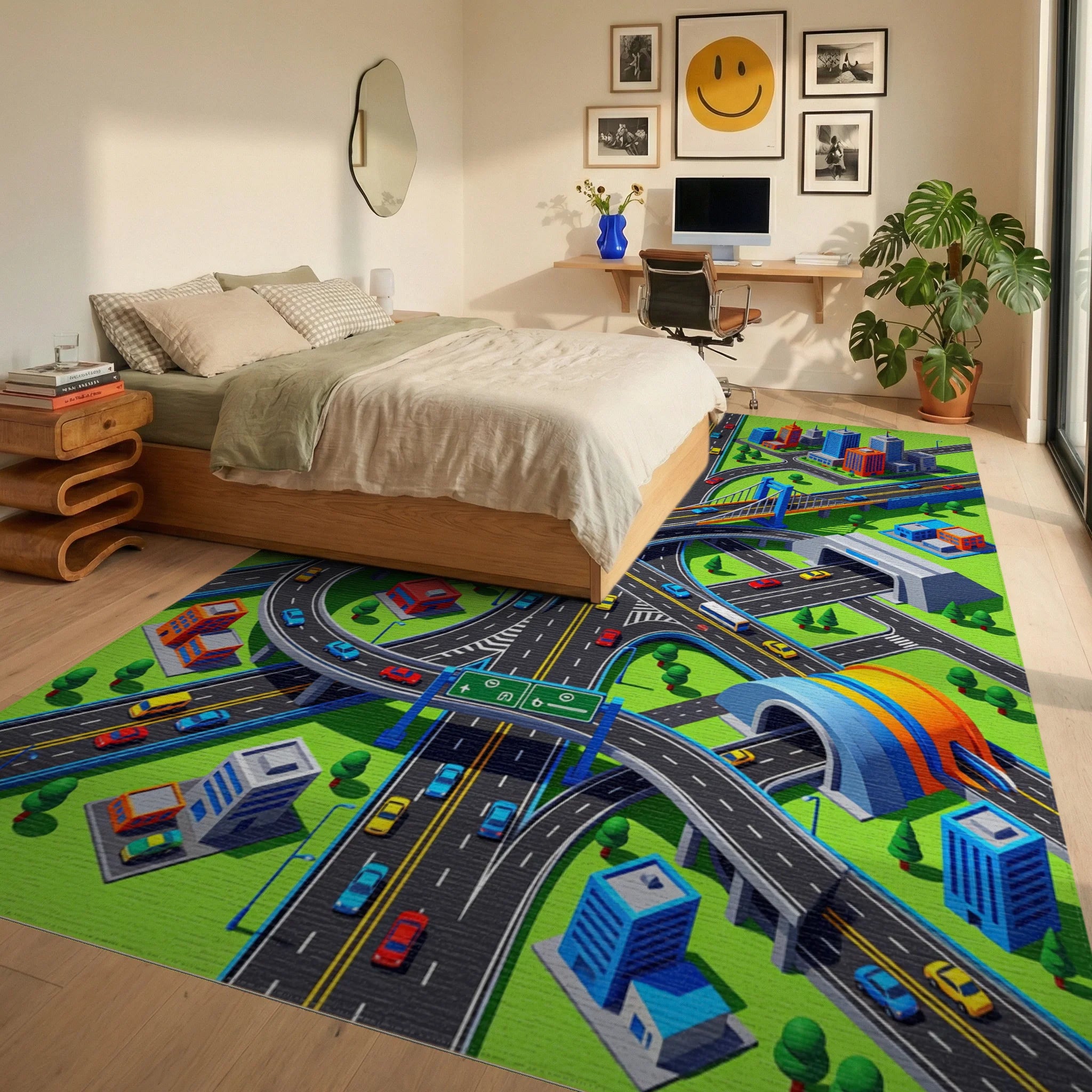 Vibrant Isometric City Highway Junction Rug Bedroom View