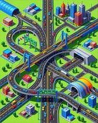 Vibrant Isometric City Highway Junction Rug - Cutout View