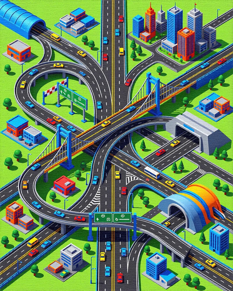 Vibrant Isometric City Highway Junction Rug - Cutout View