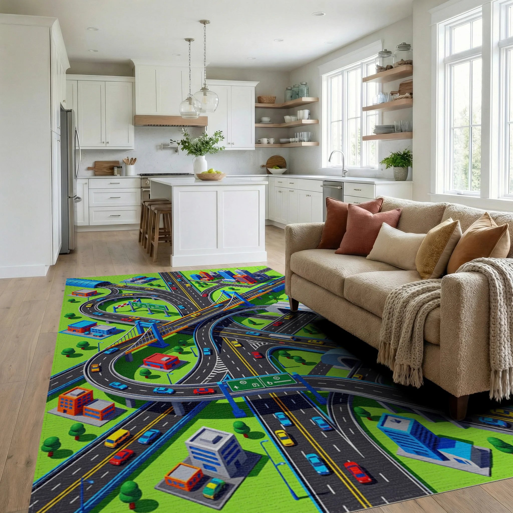 Vibrant Isometric City Highway Junction Rug Living Room View