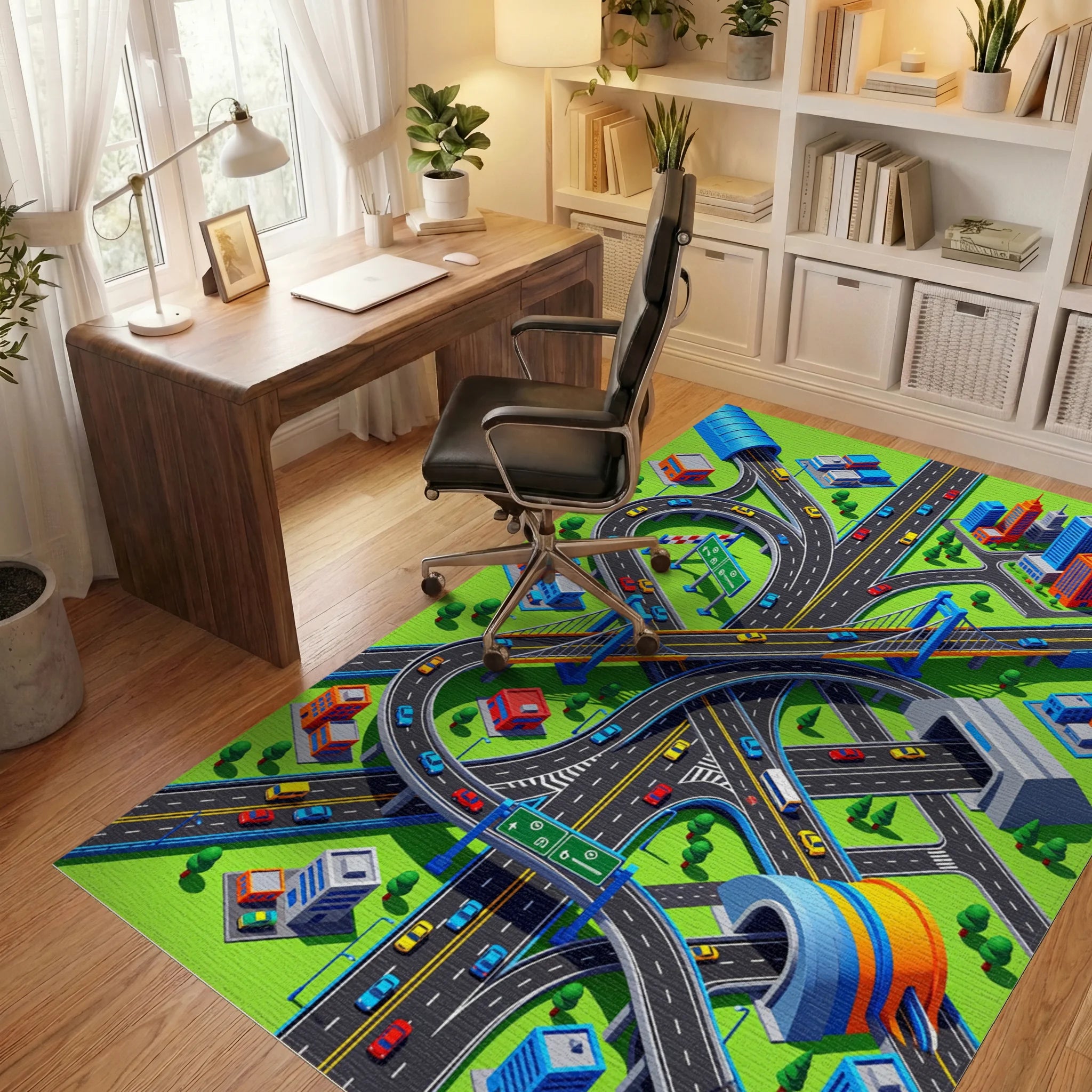 Vibrant Isometric City Highway Junction Rug Office View