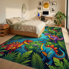 Vibrant Jungle Dinosaurs River Scene Rug Bedroom View