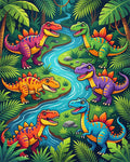 Vibrant Jungle Dinosaurs River Scene Rug - Cutout View