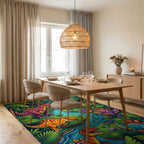 Vibrant Jungle Dinosaurs River Scene Rug Dining Room View