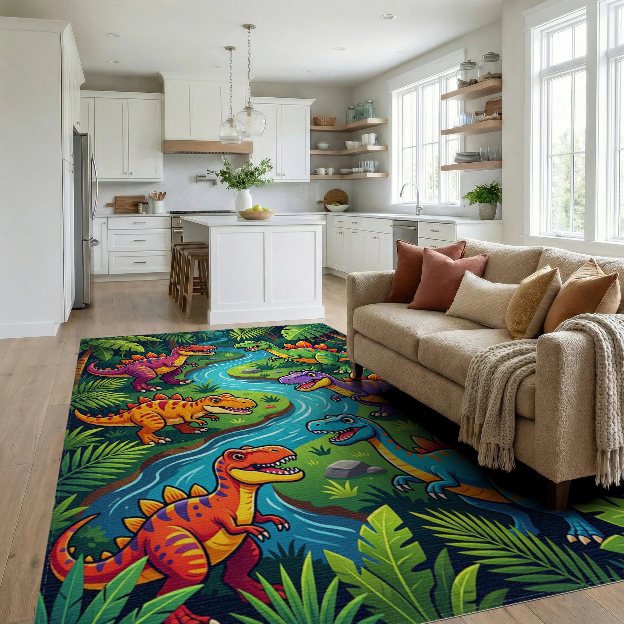 Vibrant Jungle Dinosaurs River Scene Rug Living Room View