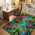 Vibrant Jungle Dinosaurs River Scene Rug Office View