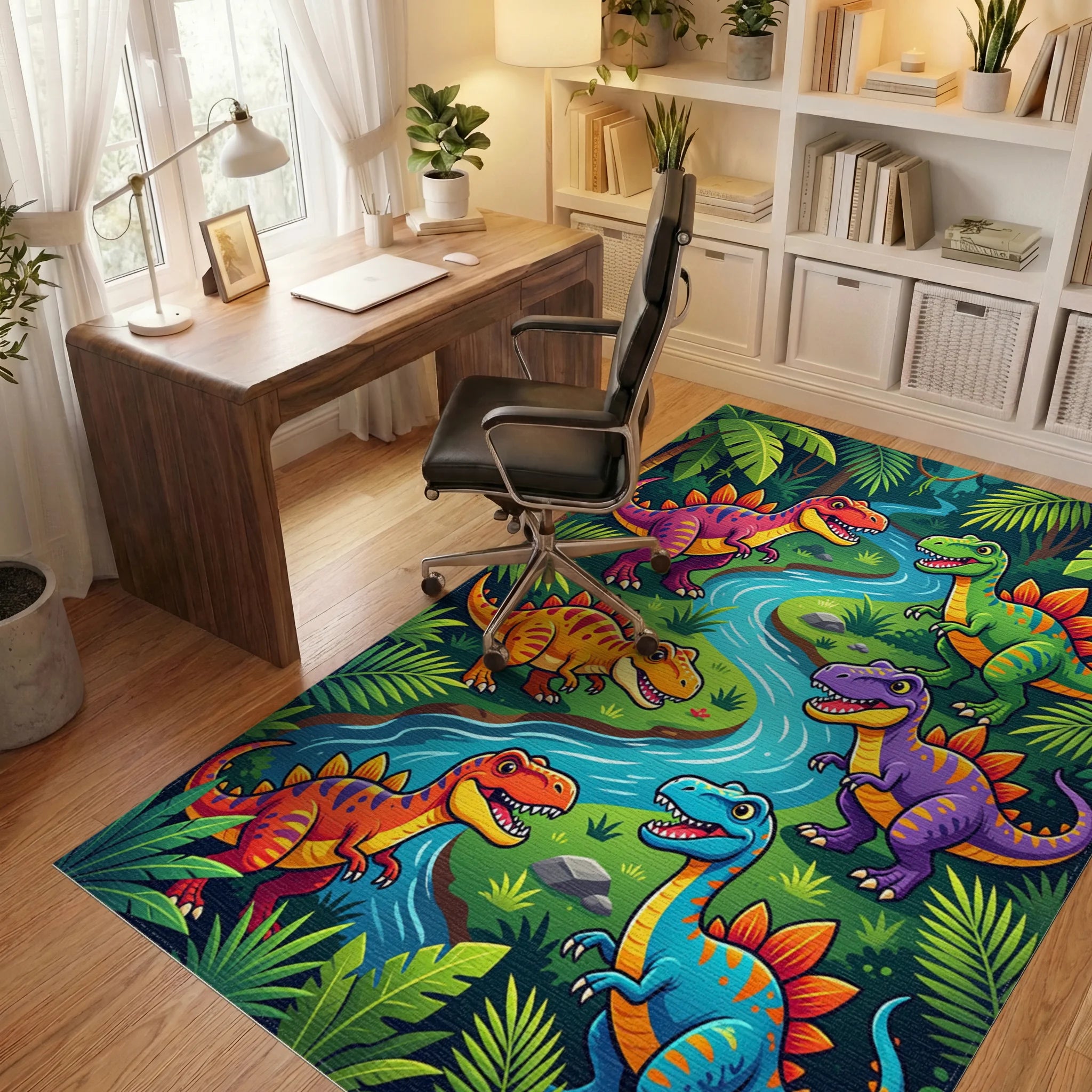 Vibrant Jungle Dinosaurs River Scene Rug Office View