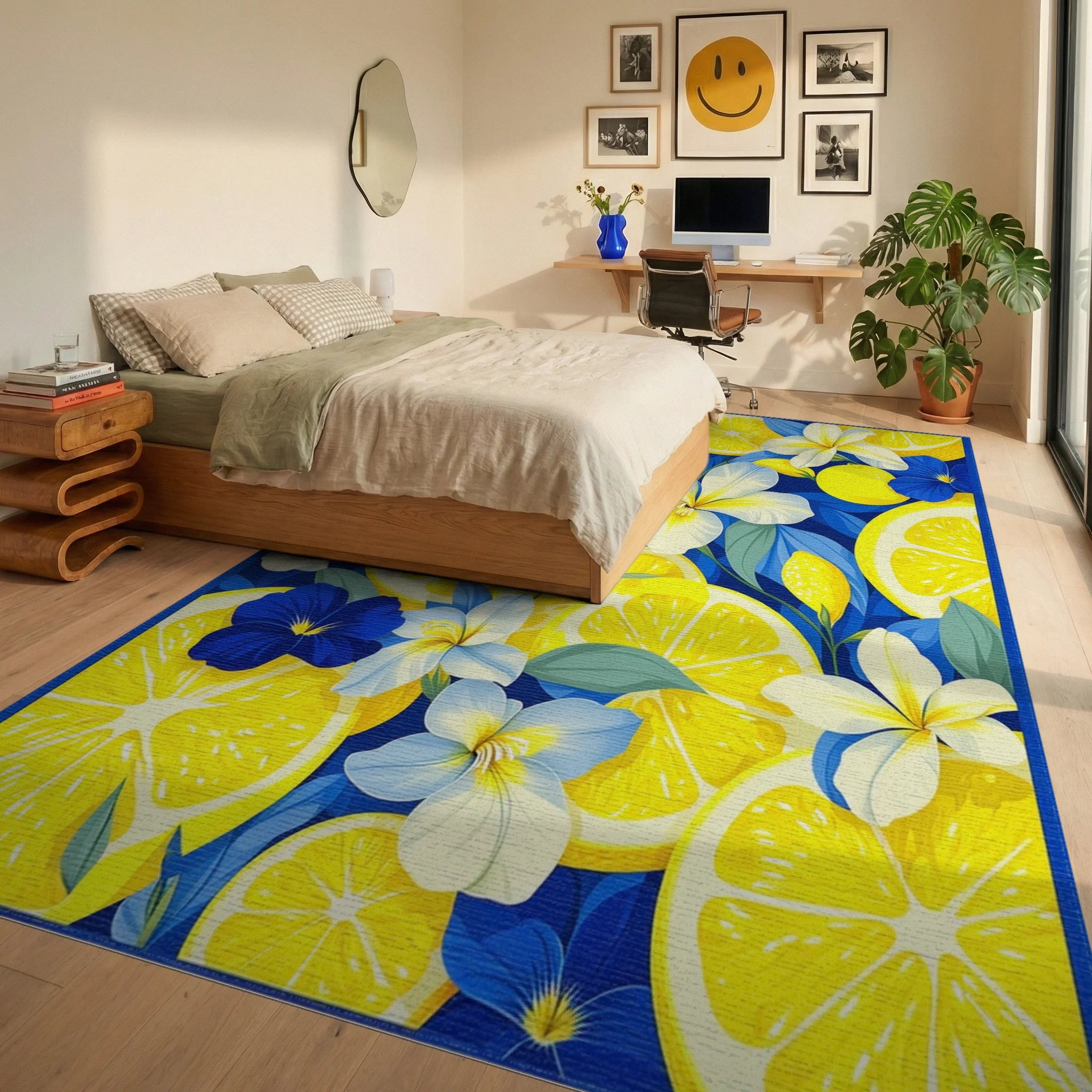 Vibrant Lemon Floral Pattern Rug Bedroom View