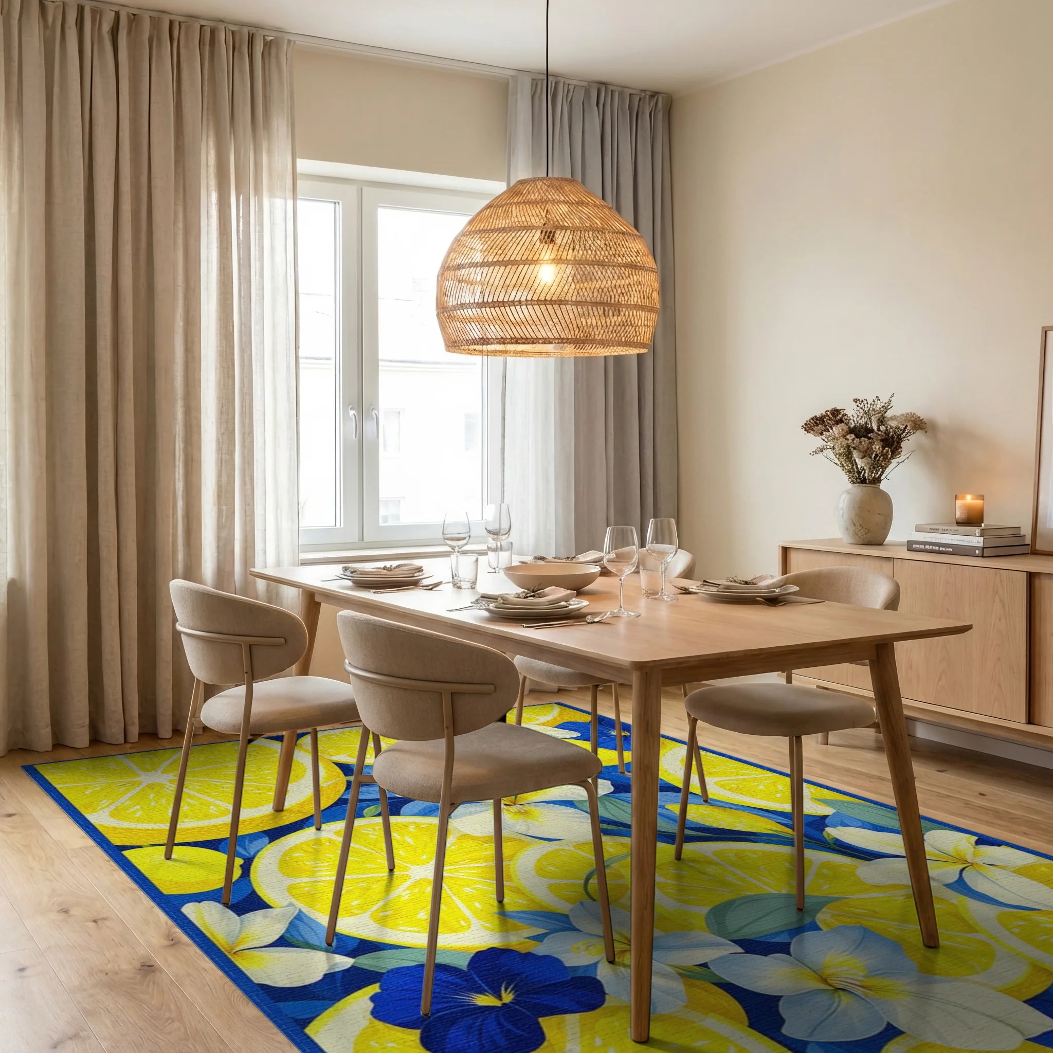 Vibrant Lemon Floral Pattern Rug Dining Room View