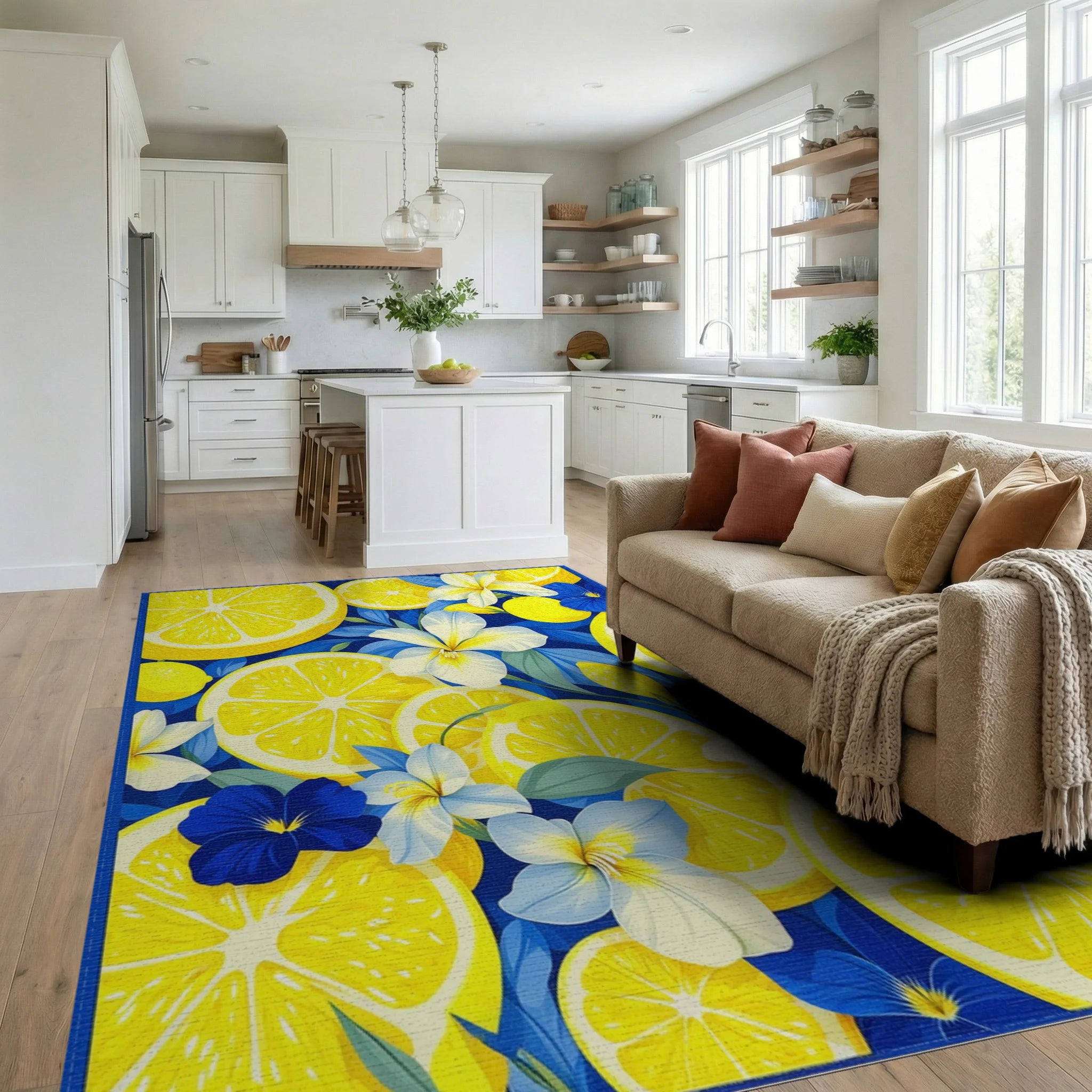 Vibrant Lemon Floral Pattern Rug Living Room View