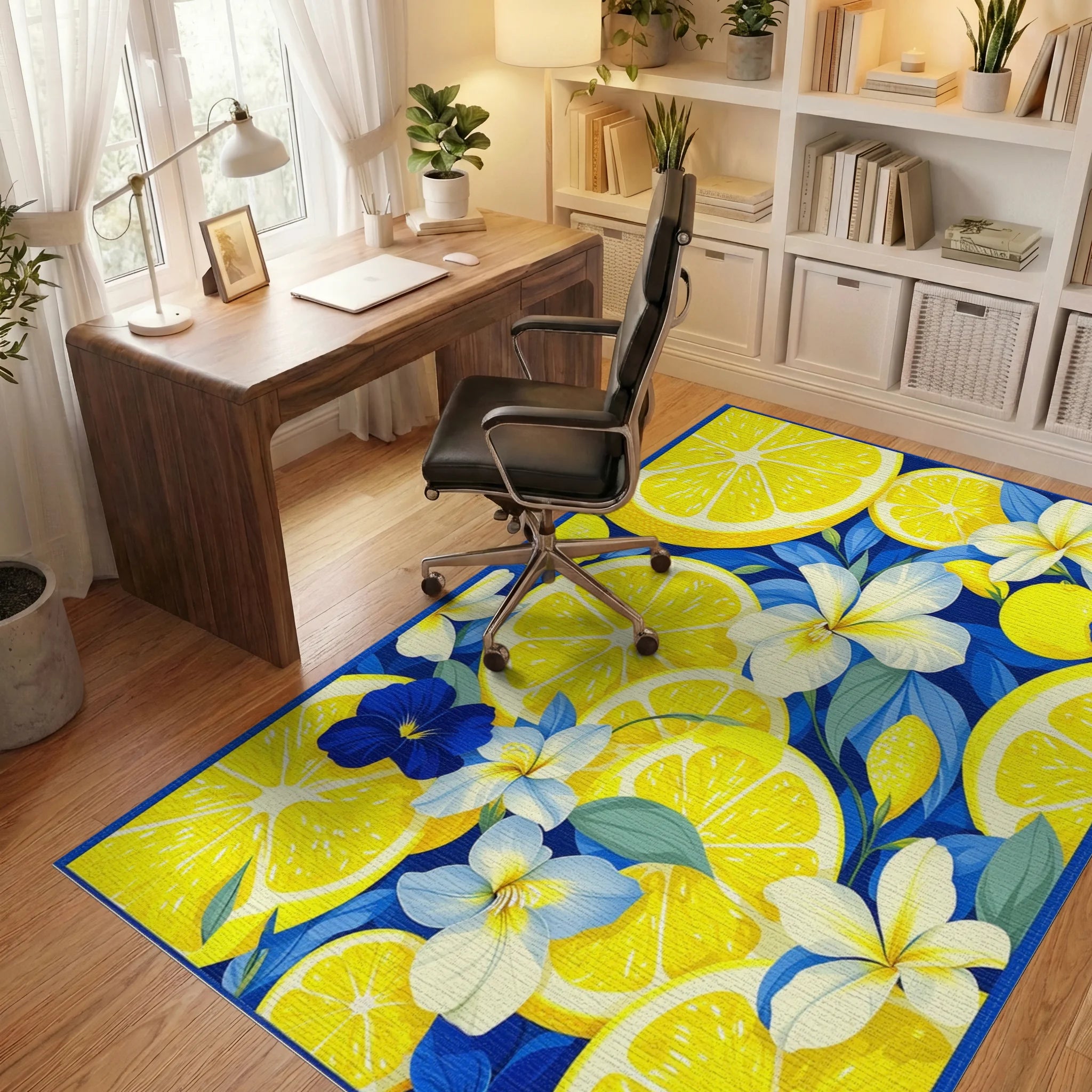 Vibrant Lemon Floral Pattern Rug Office View