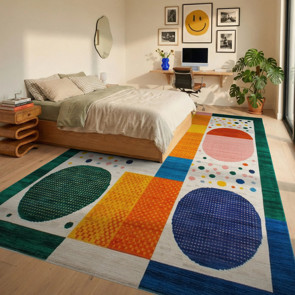 Vibrant Multicolor Geometric Abstract Shapes Rug Bedroom View