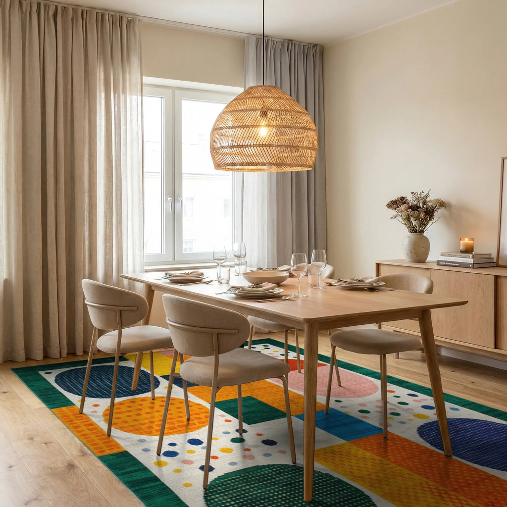 Vibrant Multicolor Geometric Abstract Shapes Rug Dining Room View