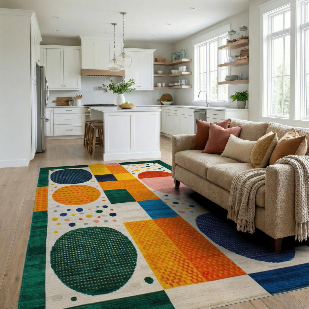 Vibrant Multicolor Geometric Abstract Shapes Rug Living Room View