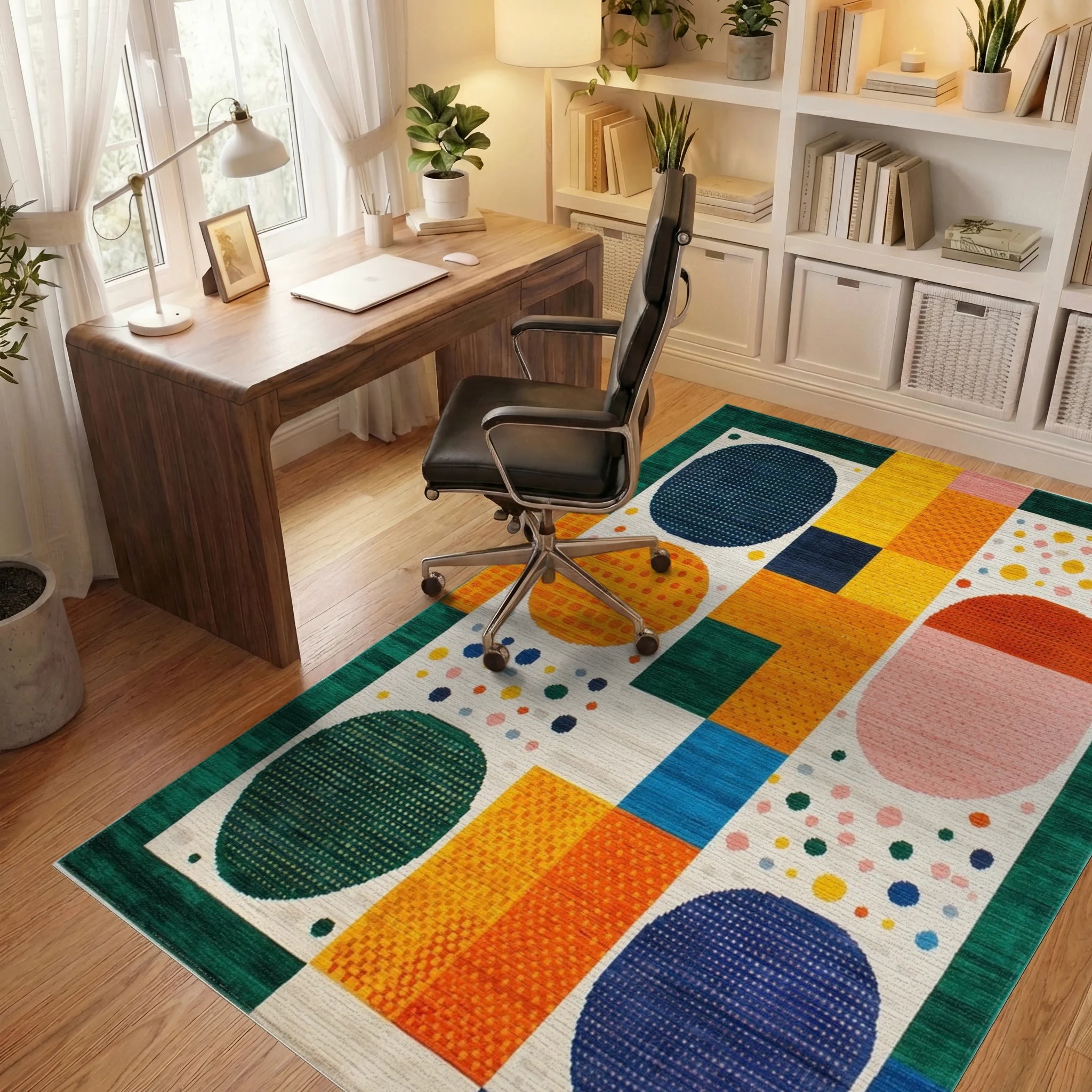 Vibrant Multicolor Geometric Abstract Shapes Rug Office View