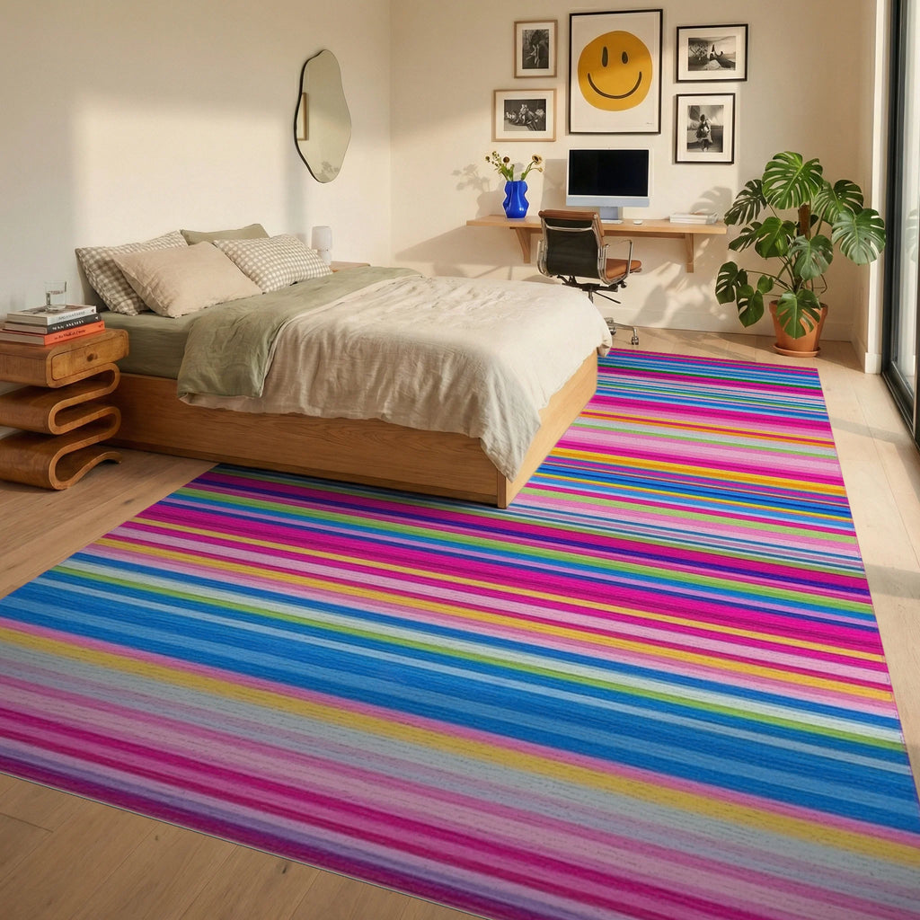 Vibrant Multicolor Rainbow Striped Rug - Bedroom View