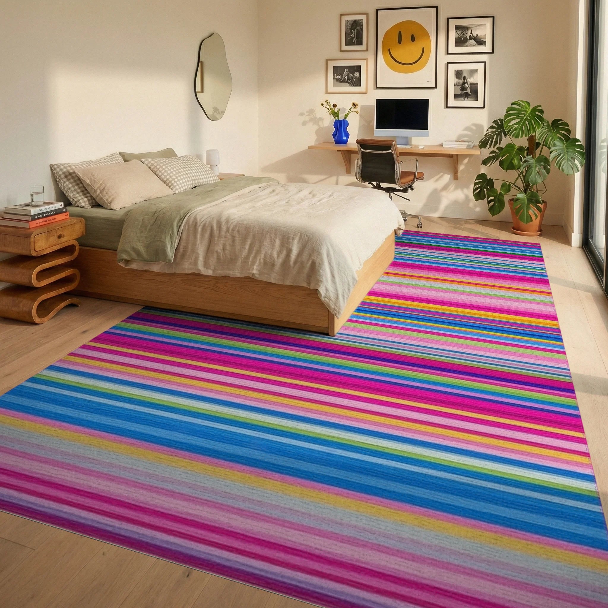 Vibrant Multicolor Rainbow Striped Rug - Bedroom View