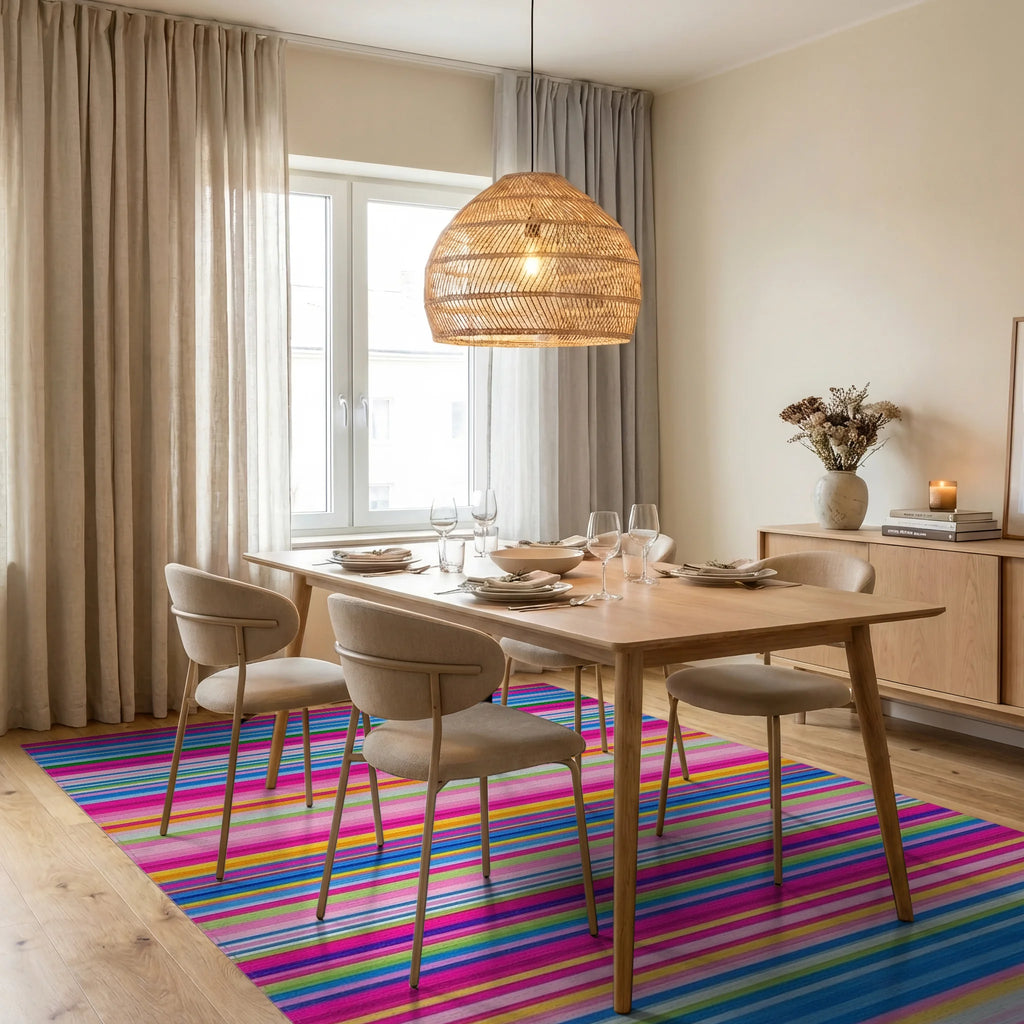 Vibrant Multicolor Rainbow Striped Rug - Dining Room View
