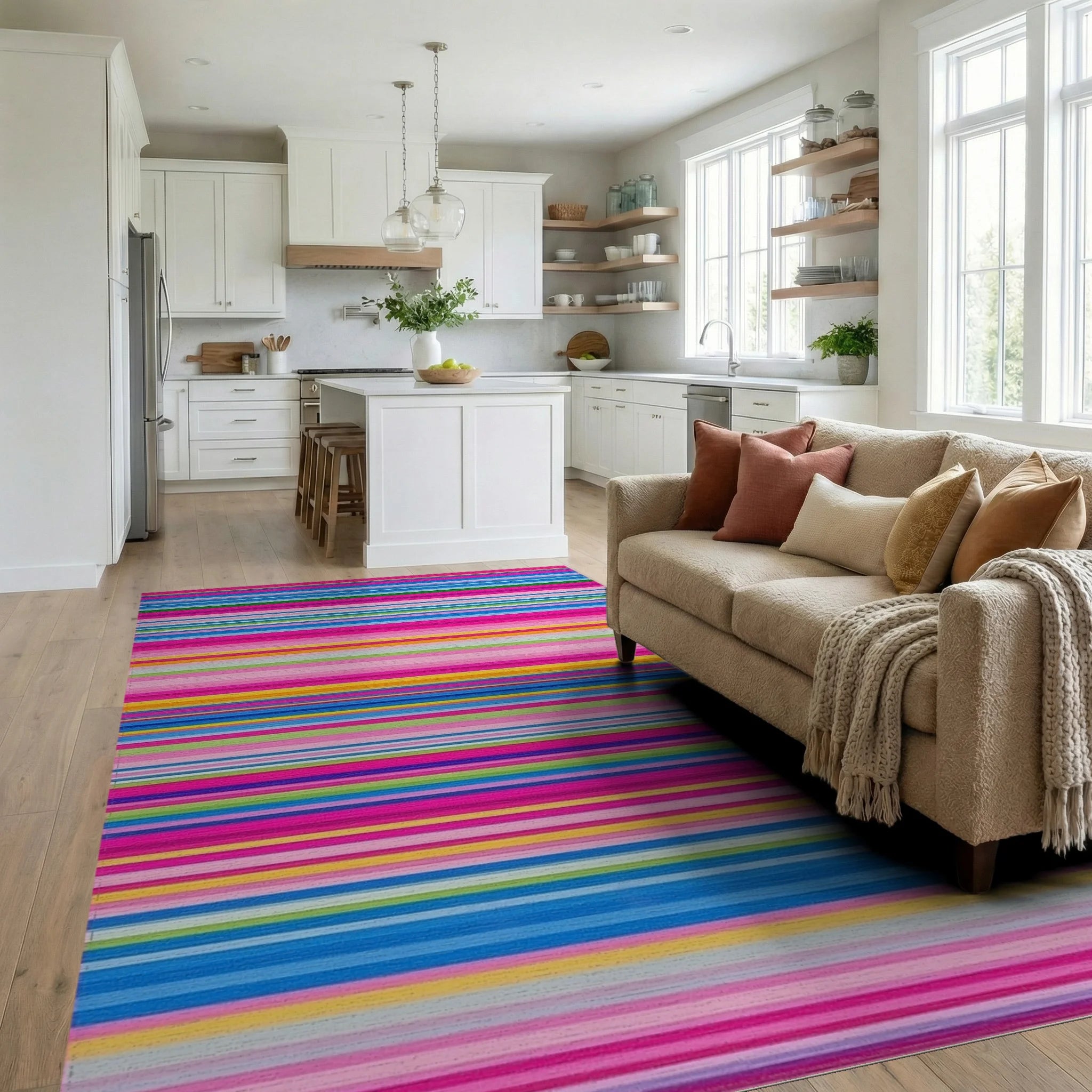 Vibrant Multicolor Rainbow Striped Rug - Living Room View