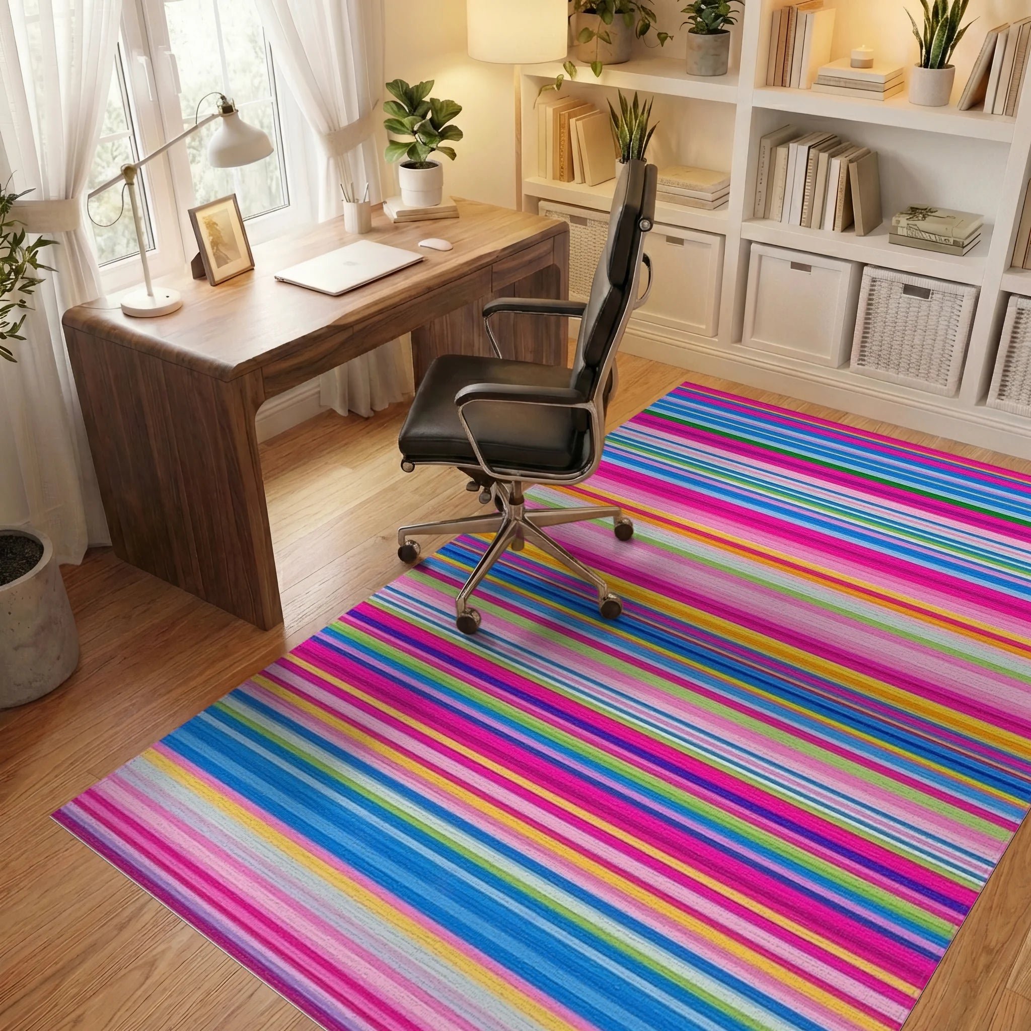 Vibrant Multicolor Rainbow Striped Rug - Office View