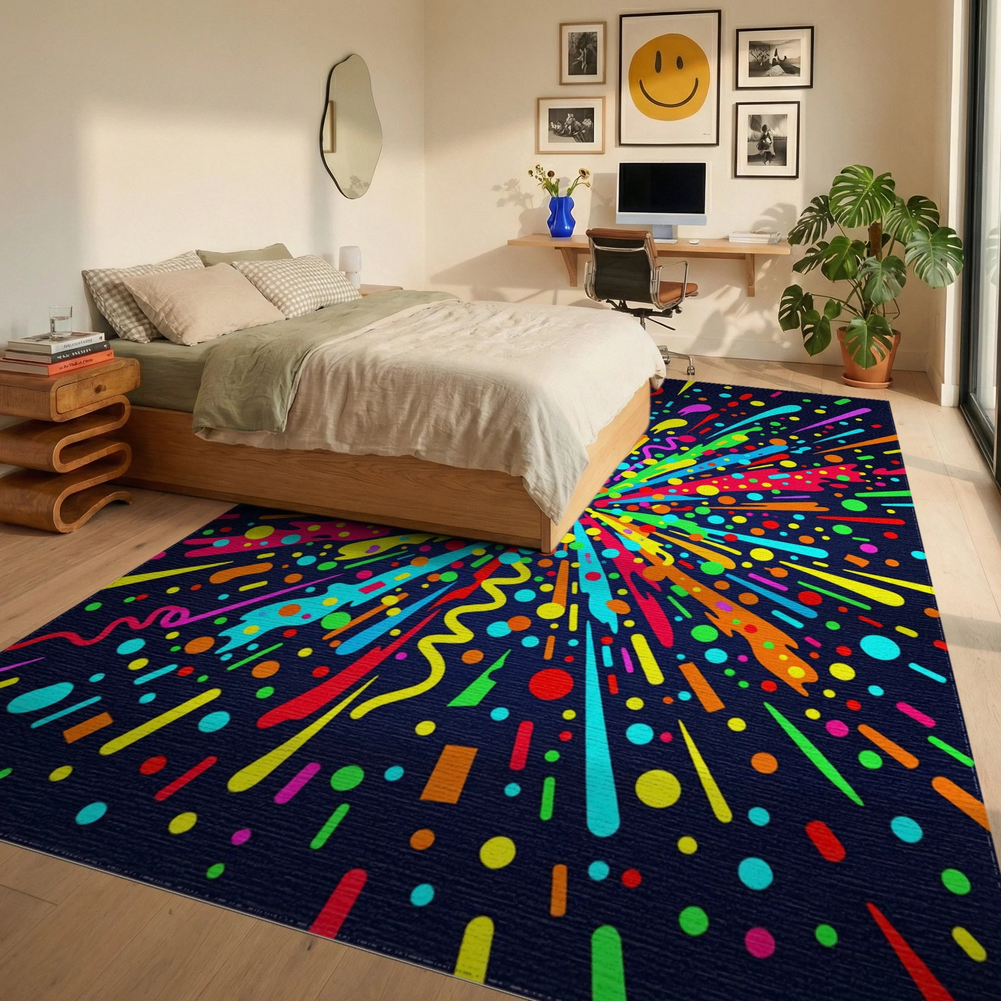 Vibrant Neon Burst Celebration Confetti Rug Bedroom View