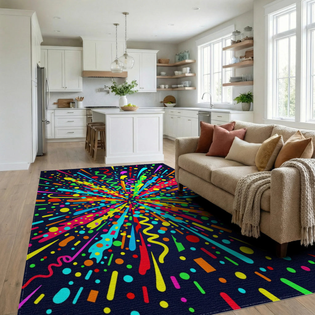 Vibrant Neon Burst Celebration Confetti Rug Living Room View