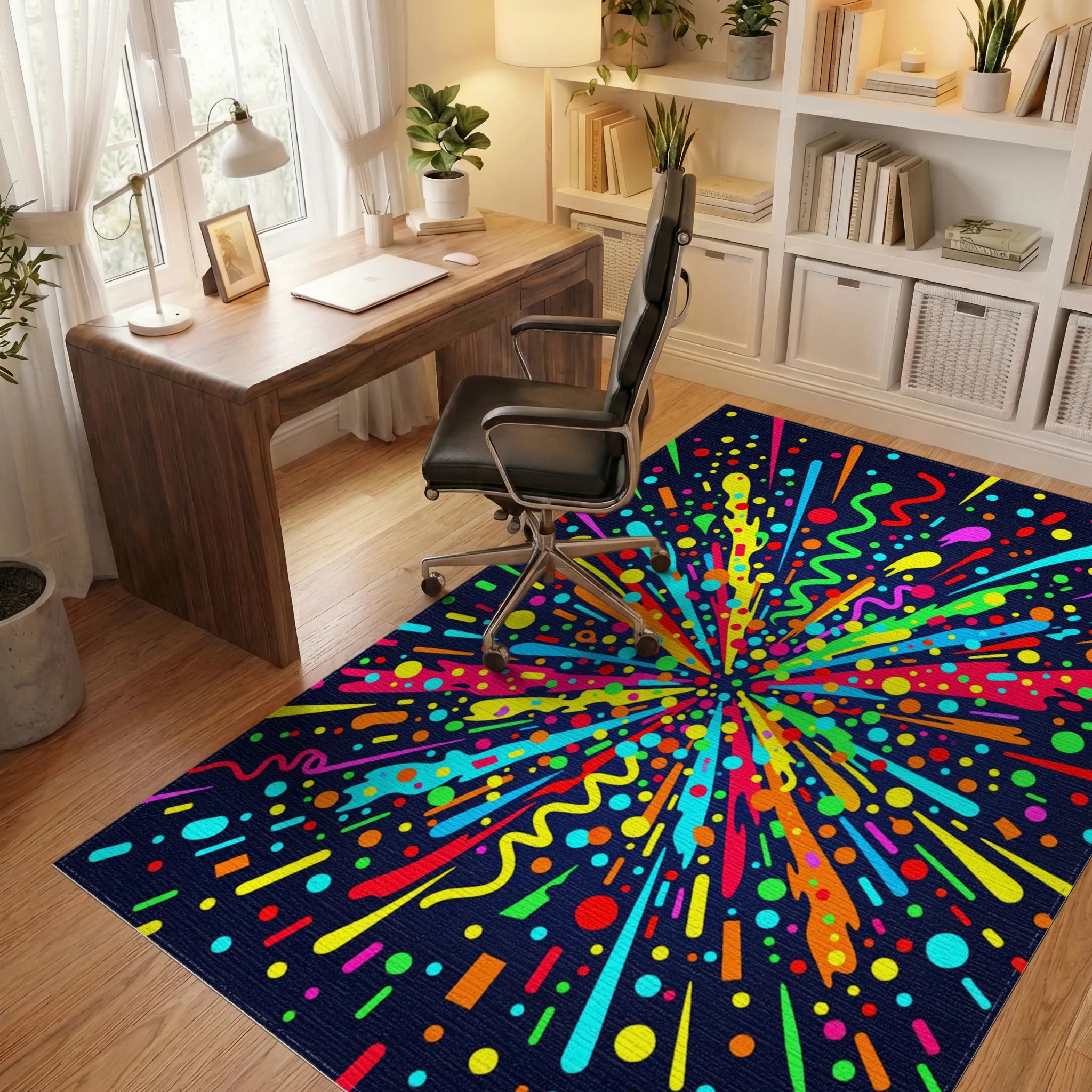 Vibrant Neon Burst Celebration Confetti Rug Office View