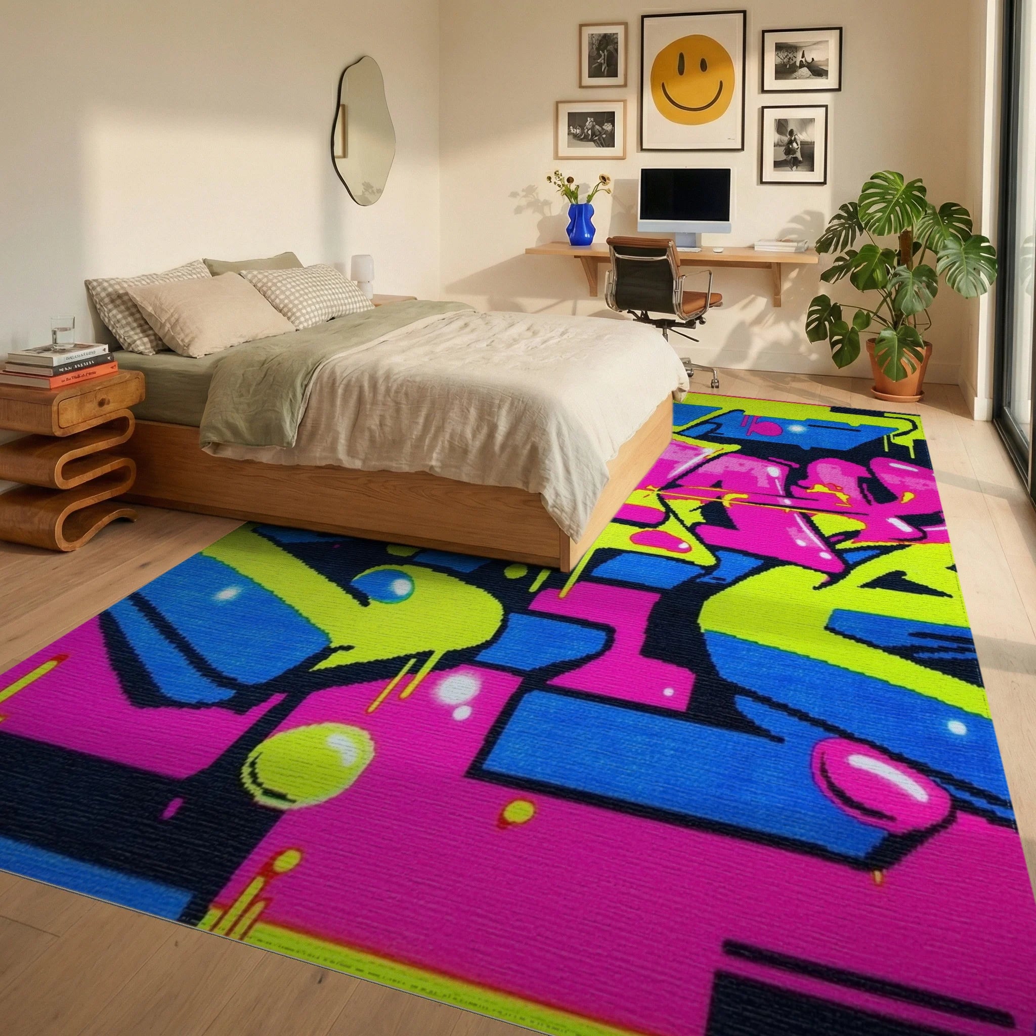 Vibrant Neon Graffiti Burst Rug - Bedroom View