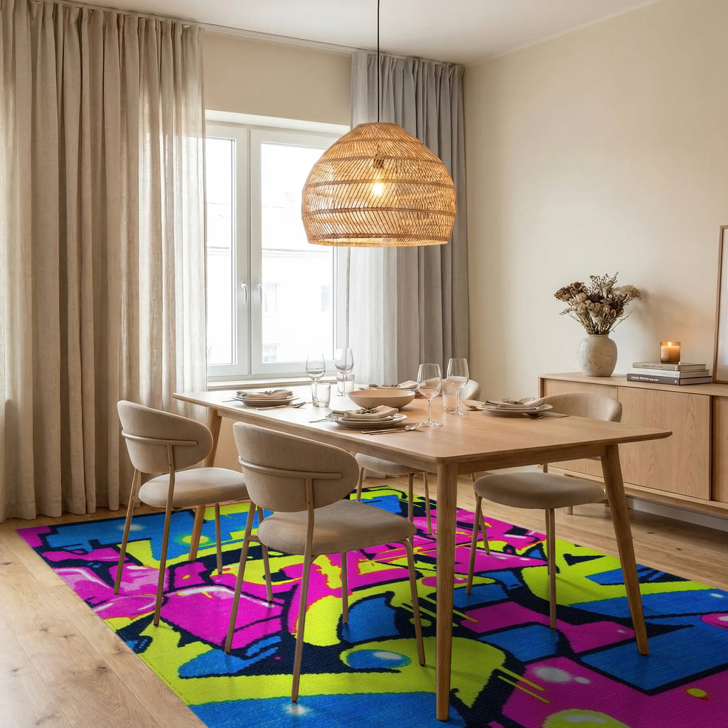 Vibrant Neon Graffiti Burst Rug - Dining Room View