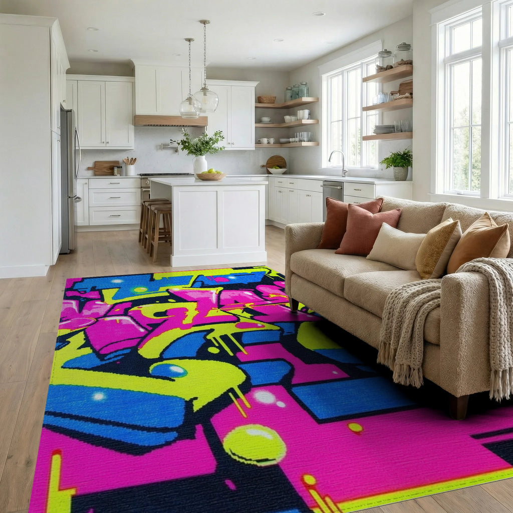 Vibrant Neon Graffiti Burst Rug - Living Room View