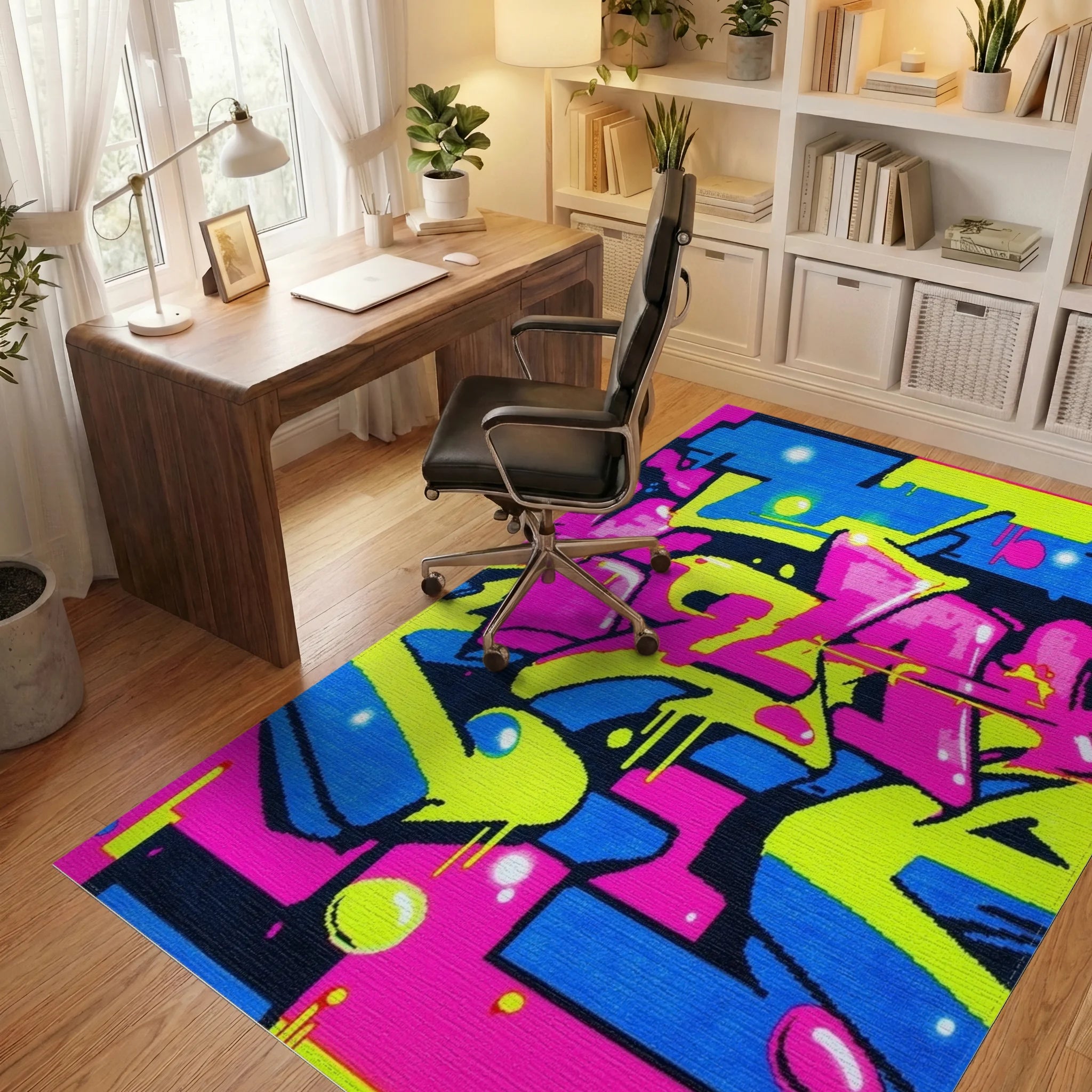 Vibrant Neon Graffiti Burst Rug - Office View