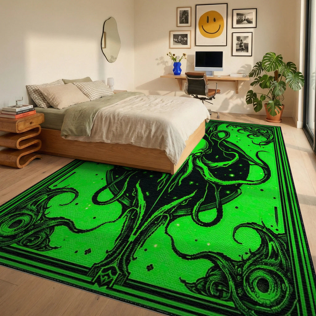 Vibrant Neon Kraken Tentacle Swirl Rug - Bedroom View