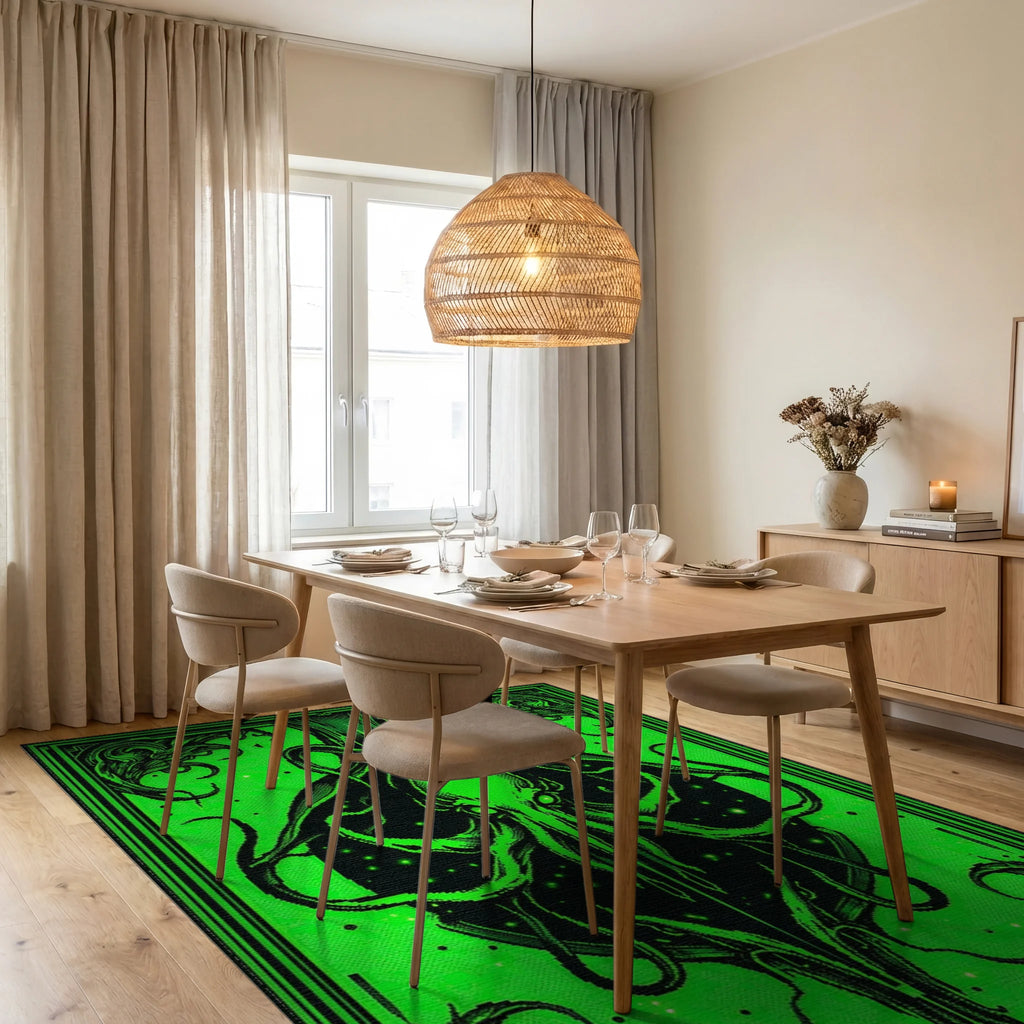 Vibrant Neon Kraken Tentacle Swirl Rug - Dining Room View