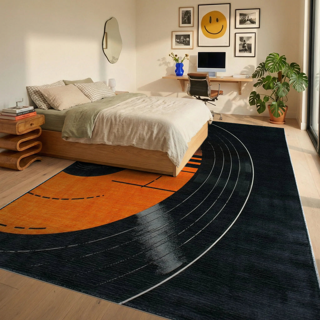 Vibrant Orange Black Vinyl Record Rug - Bedroom View